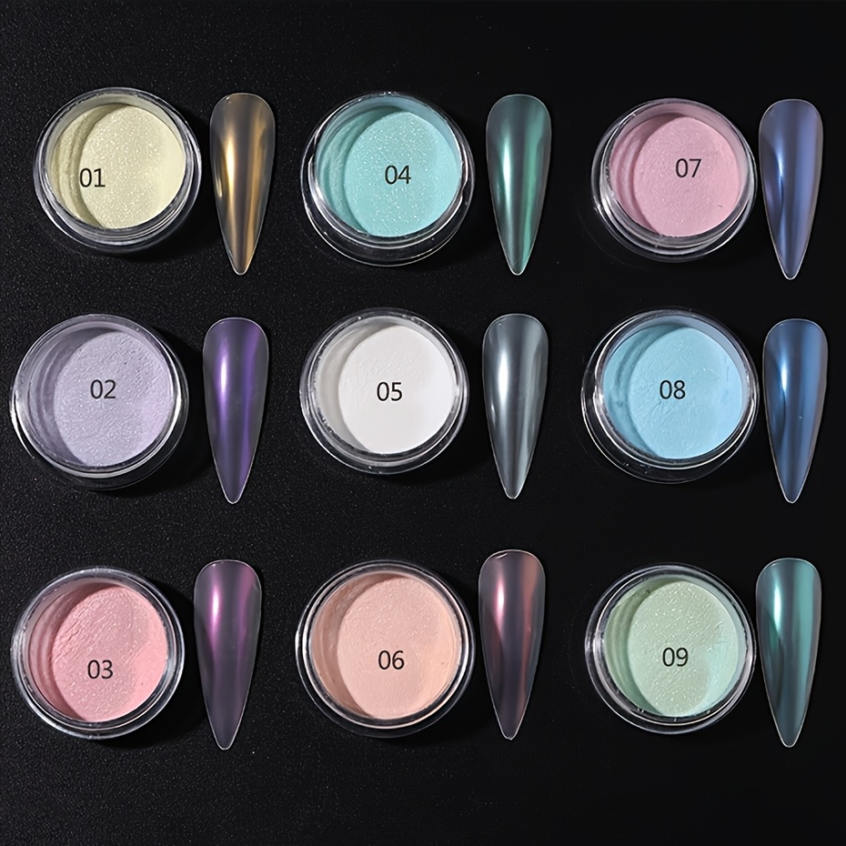 Image of 9 Colors White Chrome Nail Powder Metallic Moonlight White Chrome Nails Powder For Nail Art Gel Polish Iridescent Nail Powder Manicure