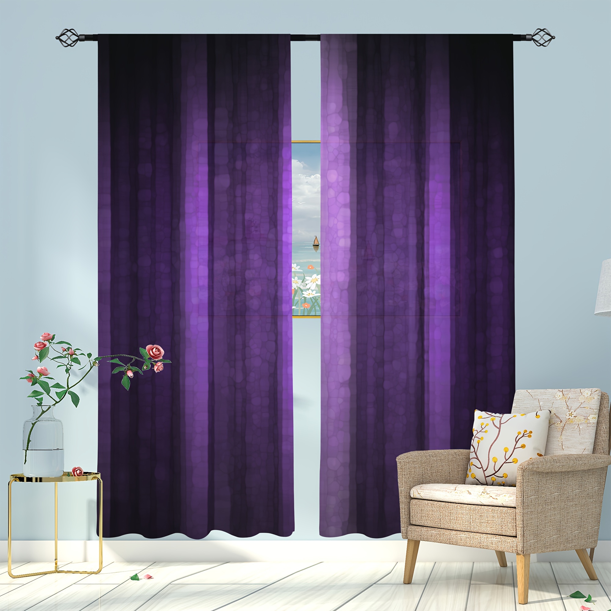 

2pcs Elegant French Purple Sheer Curtains - Rod Pocket Room, Bedroom & Game Room Decor | Machine Washable Polyester