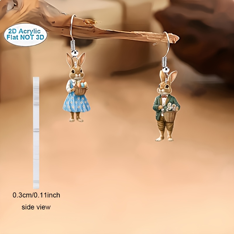2d 1pair Of Adorable Cartoon Bunny Earrings With Floral & Designs Asymmetrical Acrylic Dangle Earrings For Women, Perfect For Daily Wear, Parties, And Easter Gifts, Daily Wear Earrings