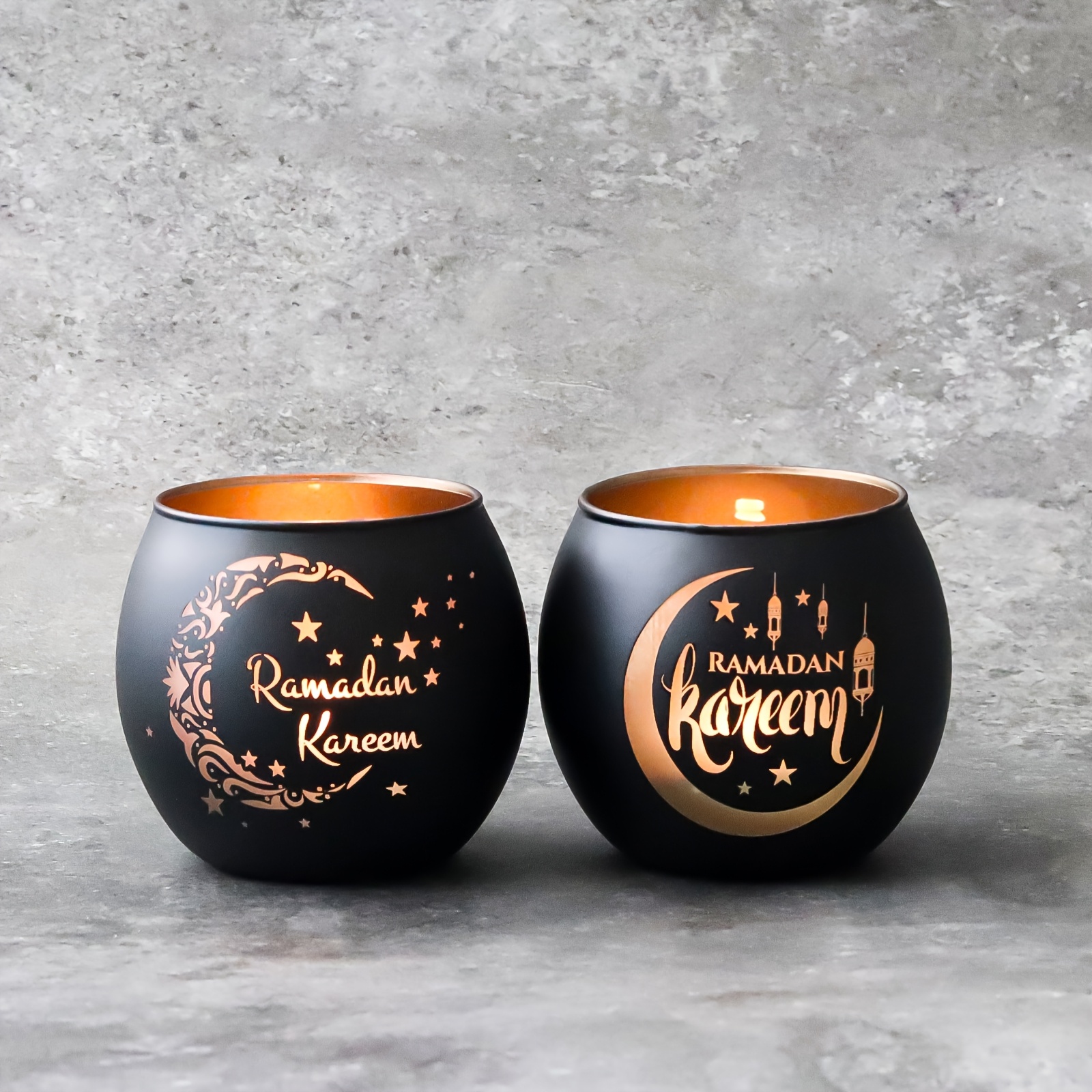 E-shop 2 Stück Vintage Glas Ramadan Kerzenhalter - Lackierte Oberfläche, Tischplatte Islamisches Mond-Stern-Design, Eid Al-Fitr Dekor, Keine