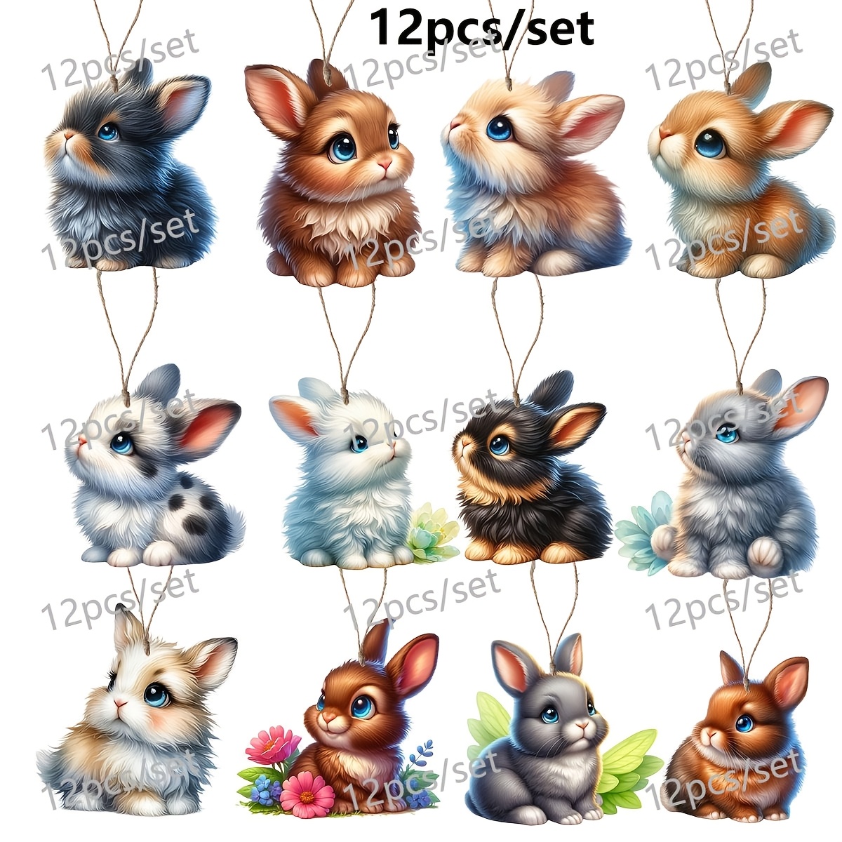 Image of 12pcs/set Easter Rabbit Ornaments, Colorful Cute Wooden Rabbit Shapes, Easter Home Decoration, Yard Fence Decoration, Party Decoration