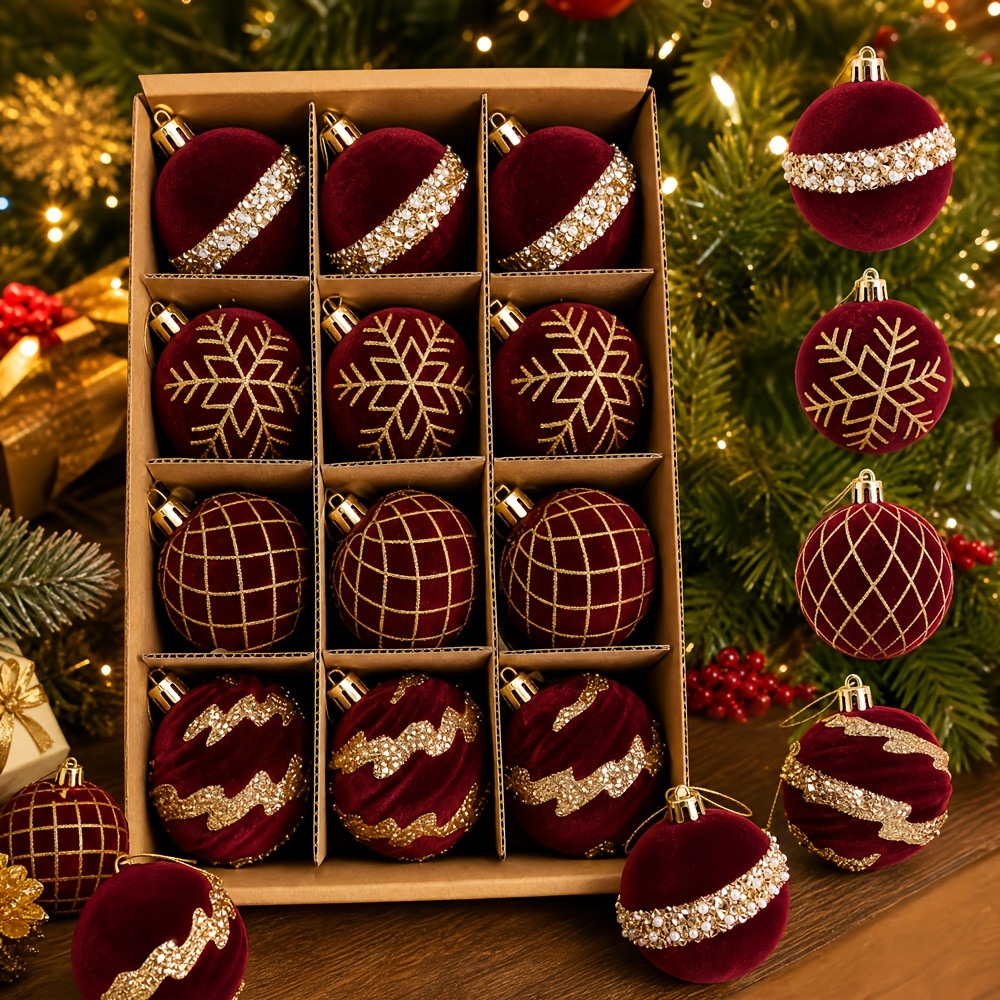 TEMU Decorative Balls: And Golden Christmas Ornament Gift Box, 12pcs, Flocked Fabric With Pearl And Rhinestone Details, Christmas Tree Holiday Gift