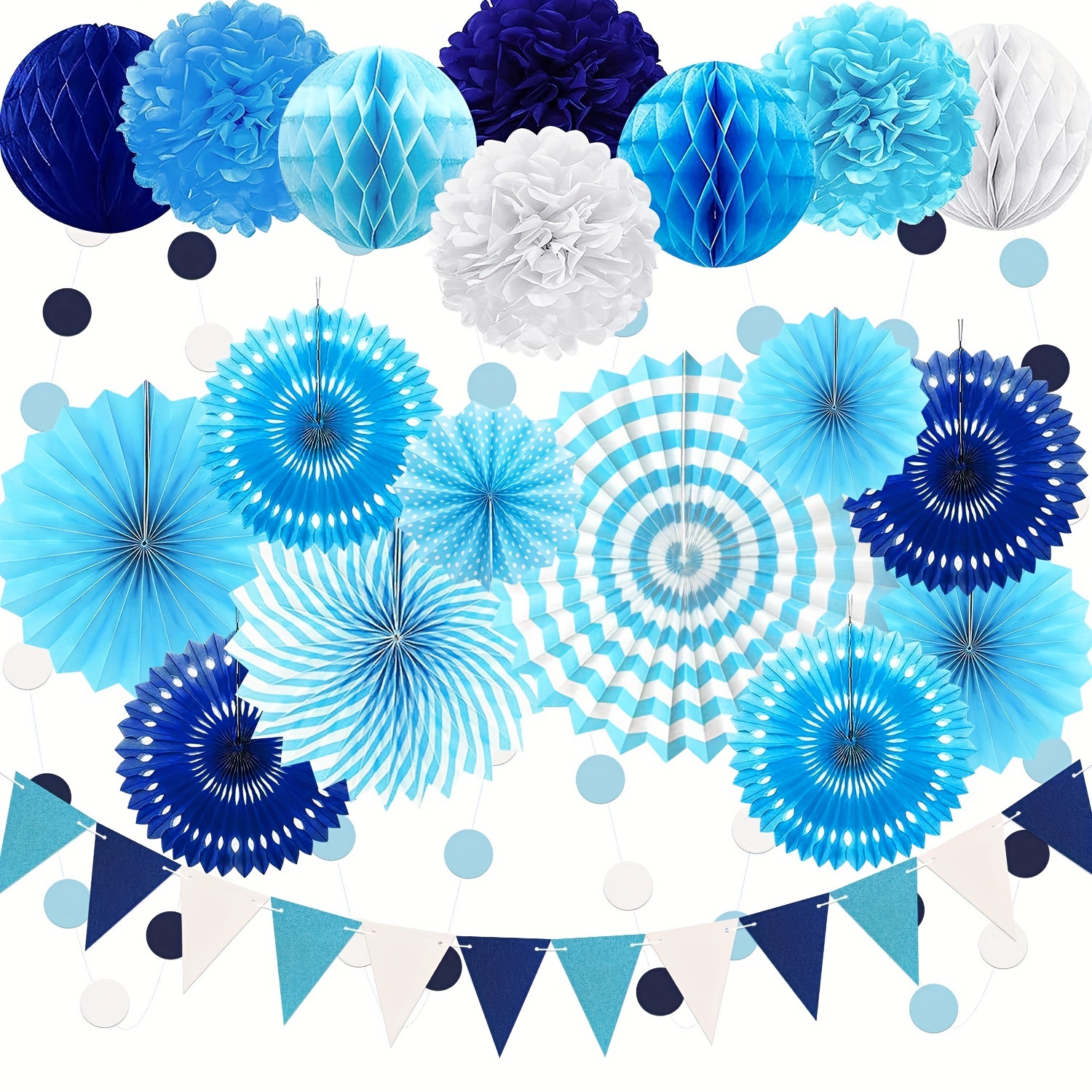 

23 Pcs Navy Blue Party Decorations: Hanging Paper Fans, Pom Poms, Dot Garlands, And Triangular Bunting Flags - Graduations, Bridal Showers, Weddings, And Birthday Parties