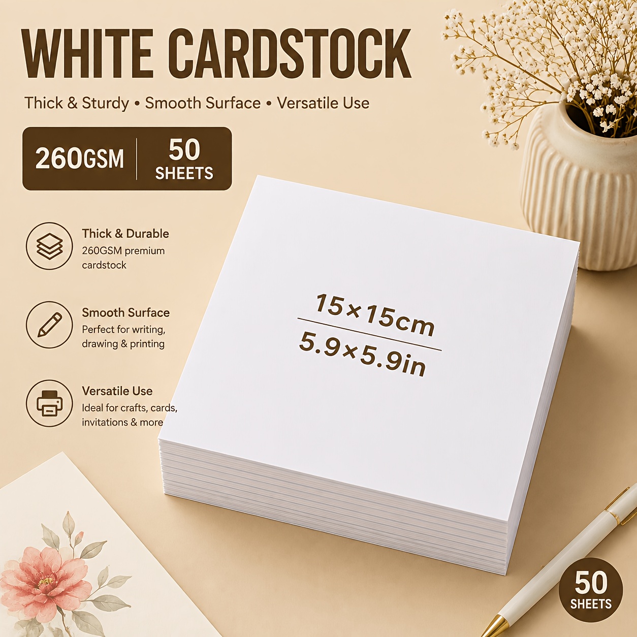 TEMU 260g White Cardstock 15x15cm, 50 Sheets Thick Craft Paper, Suitable For Cards, Invitations, Scrapbooks, And Handmade Crafts