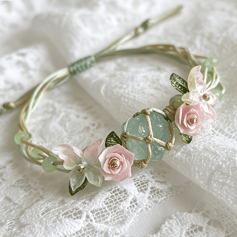 TEMU 1pc Exquisite Adjustable Bracelet â Hand-woven Cord Jewelry Featuring Light Pink Flowers And Beads, Perfect For Daily Wear, Dates, And Beach