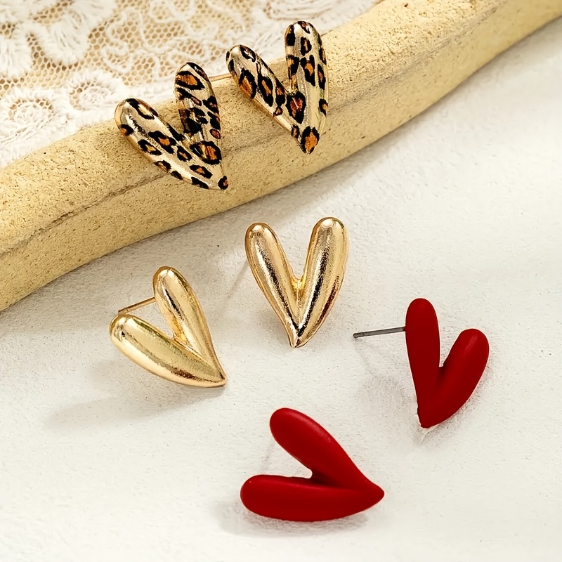 TEMU 3-pair Set Of Simple And Stylish Leopard Print Heart Stud Earrings With Red Spray Paint, Suitable For Women's Everyday Versatile Wear, The