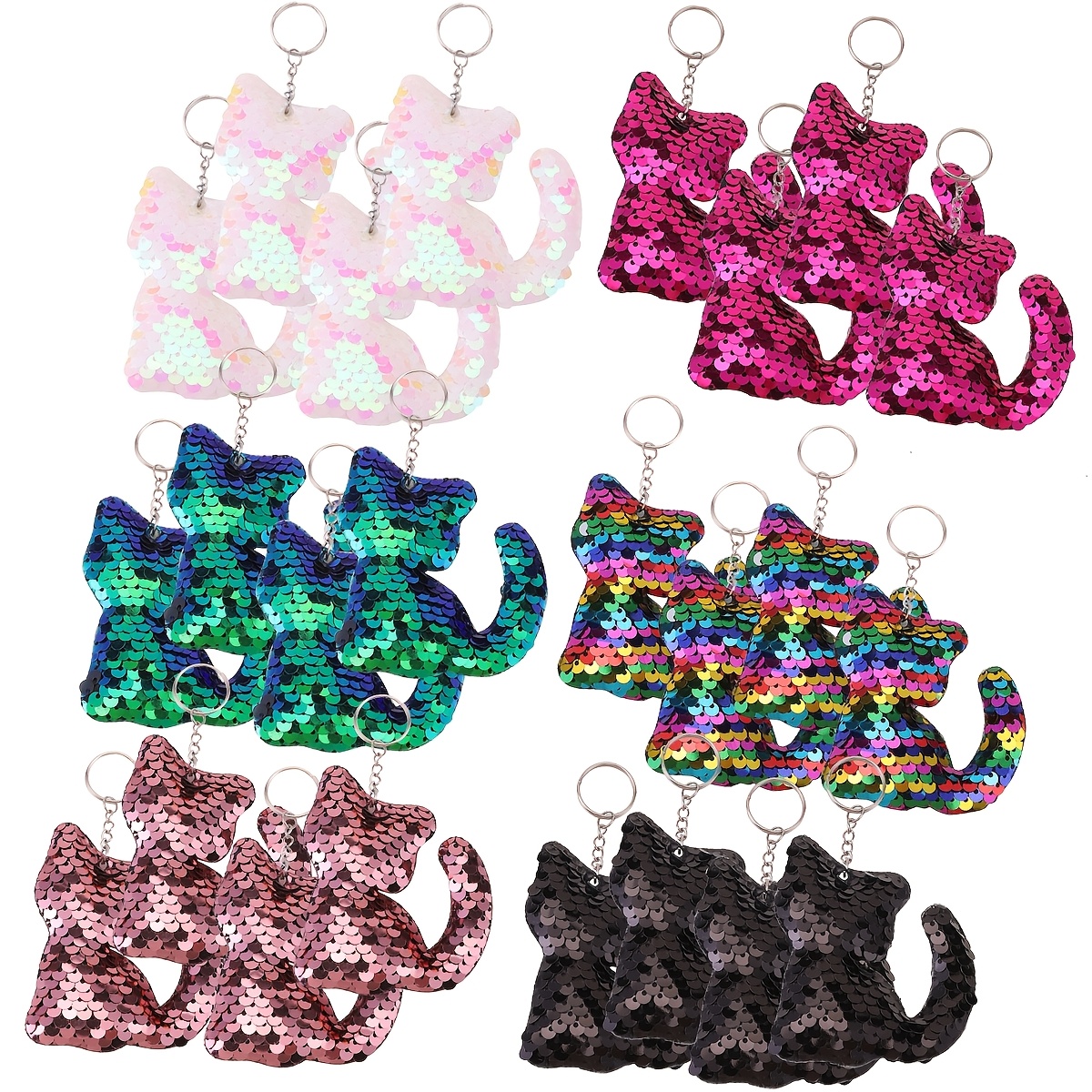 

24 Cartoon Sequin Keychain Key Rings In Of Cat Animals, Double-sided Sparkling Keychains Suitable For Holiday, Birthday, Valentine's Day, And Party Gifts.