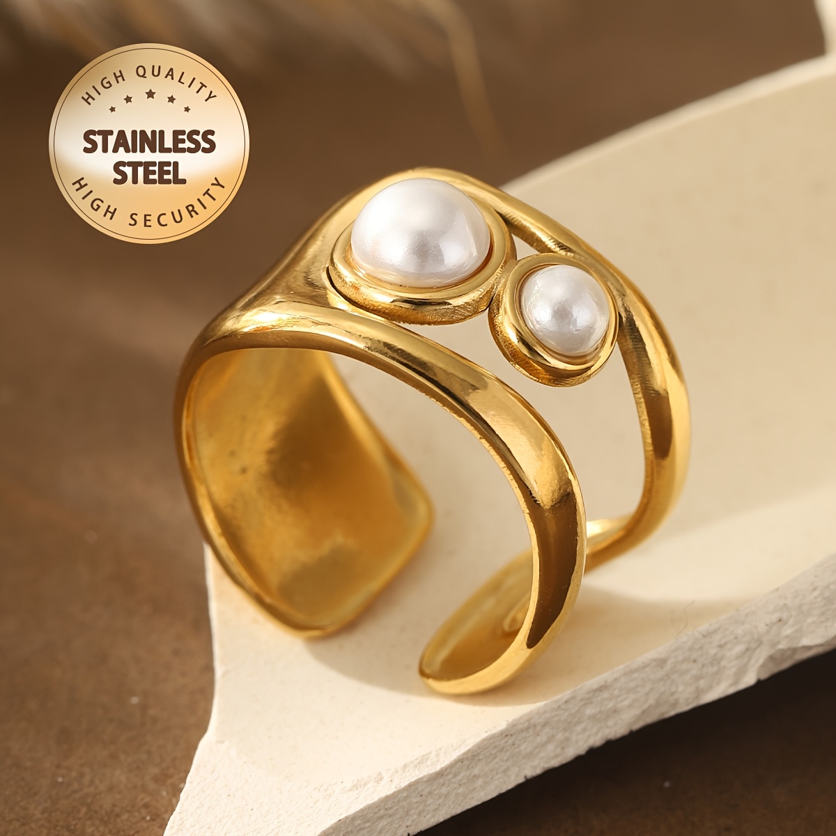 טבעת נירוסטה מתכונת בגוון זהוב לנשים אורגנית עם שלישית ולפנית חיקוי - מושלמת למסיבות,טבעית| נוסח וינטג'|גימור יוקרתי