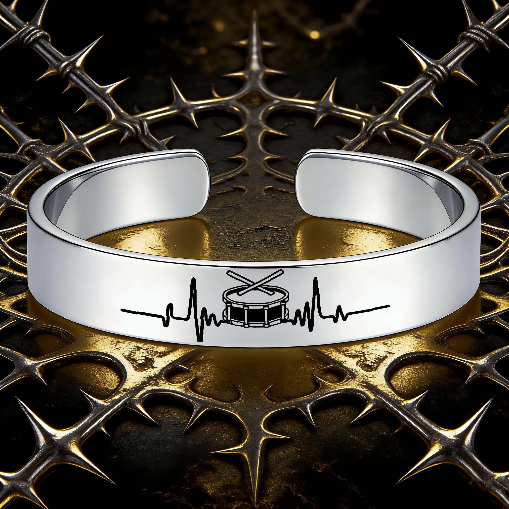 Music Heartbeat Drum Pattern Open Bangle, Gift for Music Lovers
