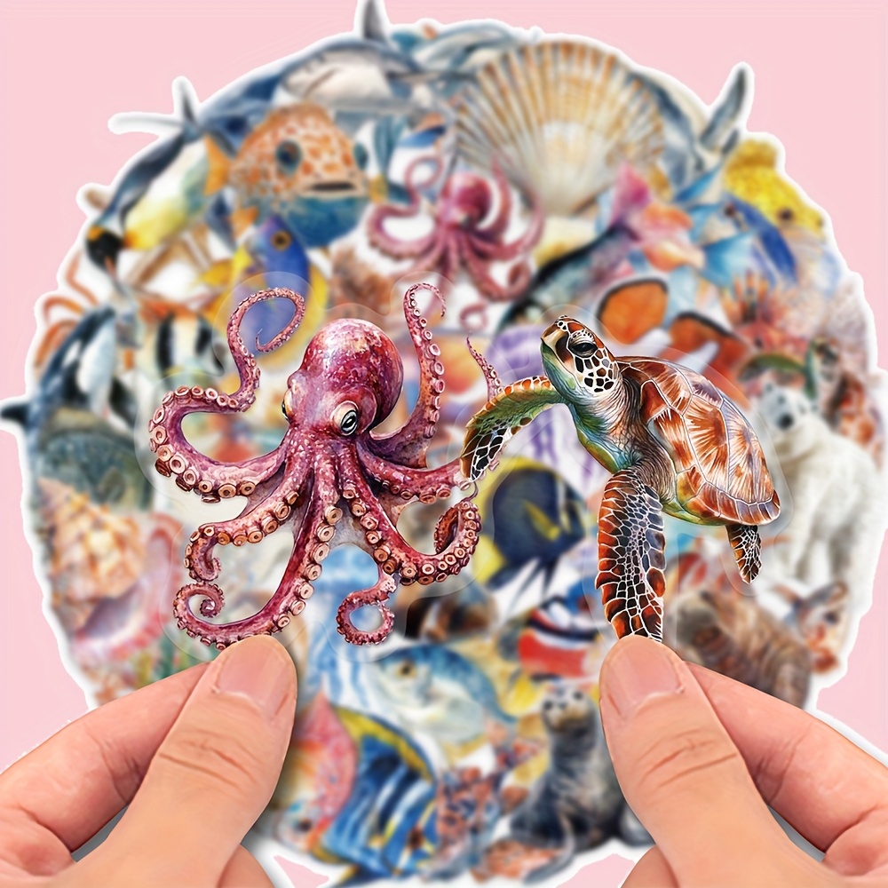 

50pcs Ocean Sticker Set - Reusable Vinyl Decals For Phones, Laptops, Suitcases & More - Featuring Octopuses, Jellyfish &