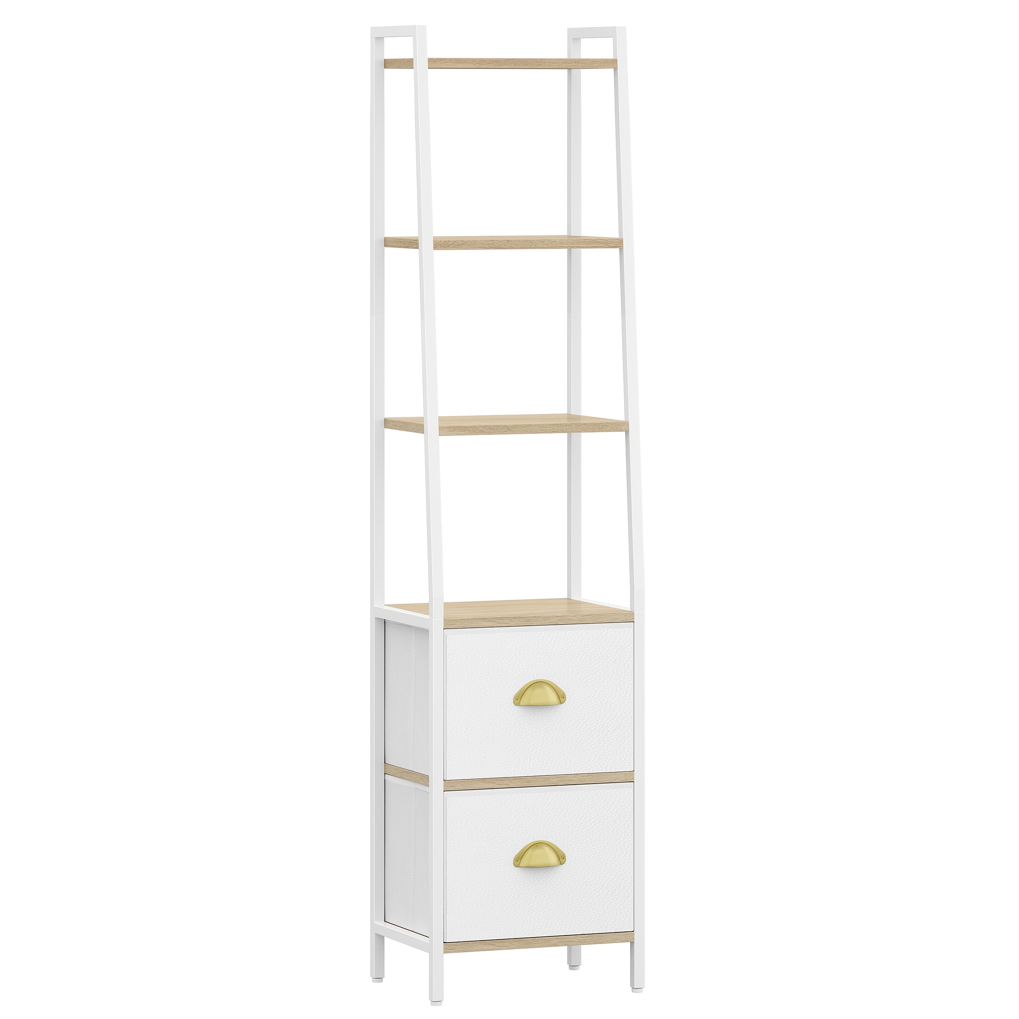 Bookcase, Slim Shelf With 6 Levels And 2 Folding Fabric Drawers, Ladder Shelf, Standing Shelf, Office Shelf, For Bedroom, Living Room, Office, 30 X 40 X 171.6cm, White Oak And White