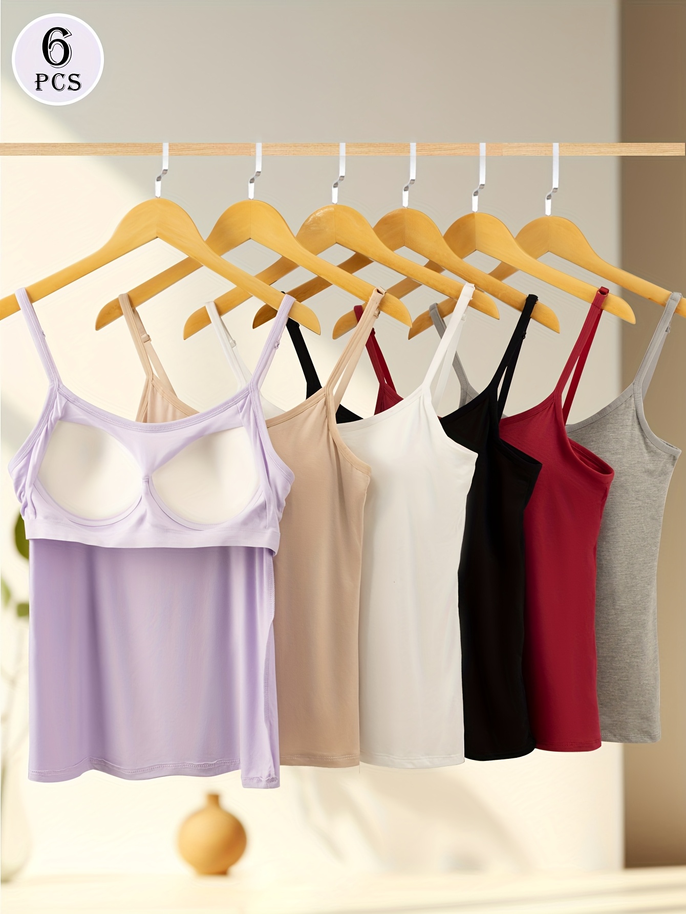 6pcs womens camisole tank   soft pastel neutral colors lavender beige white black red gray everyday formal outfits non transparent fabric   layering essentials   wash care everyday special occasion wardrobe staple versatile clothing simple camisole style detachable padding casual wear seamless design breathable material basic   adult clothing
