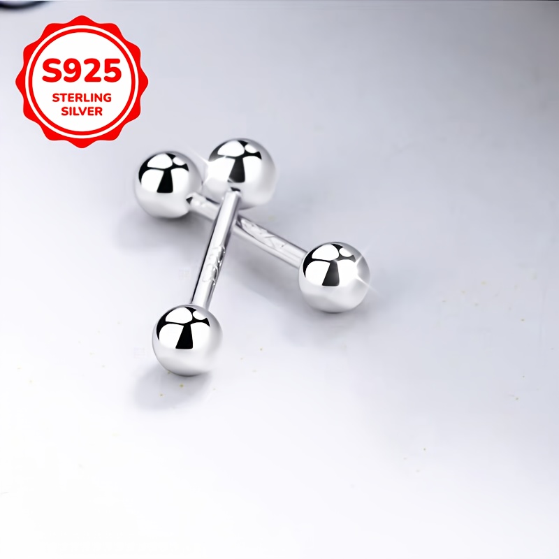 S925 Pure Silvery Double Headed Threaded Dumbbell Ear Studs