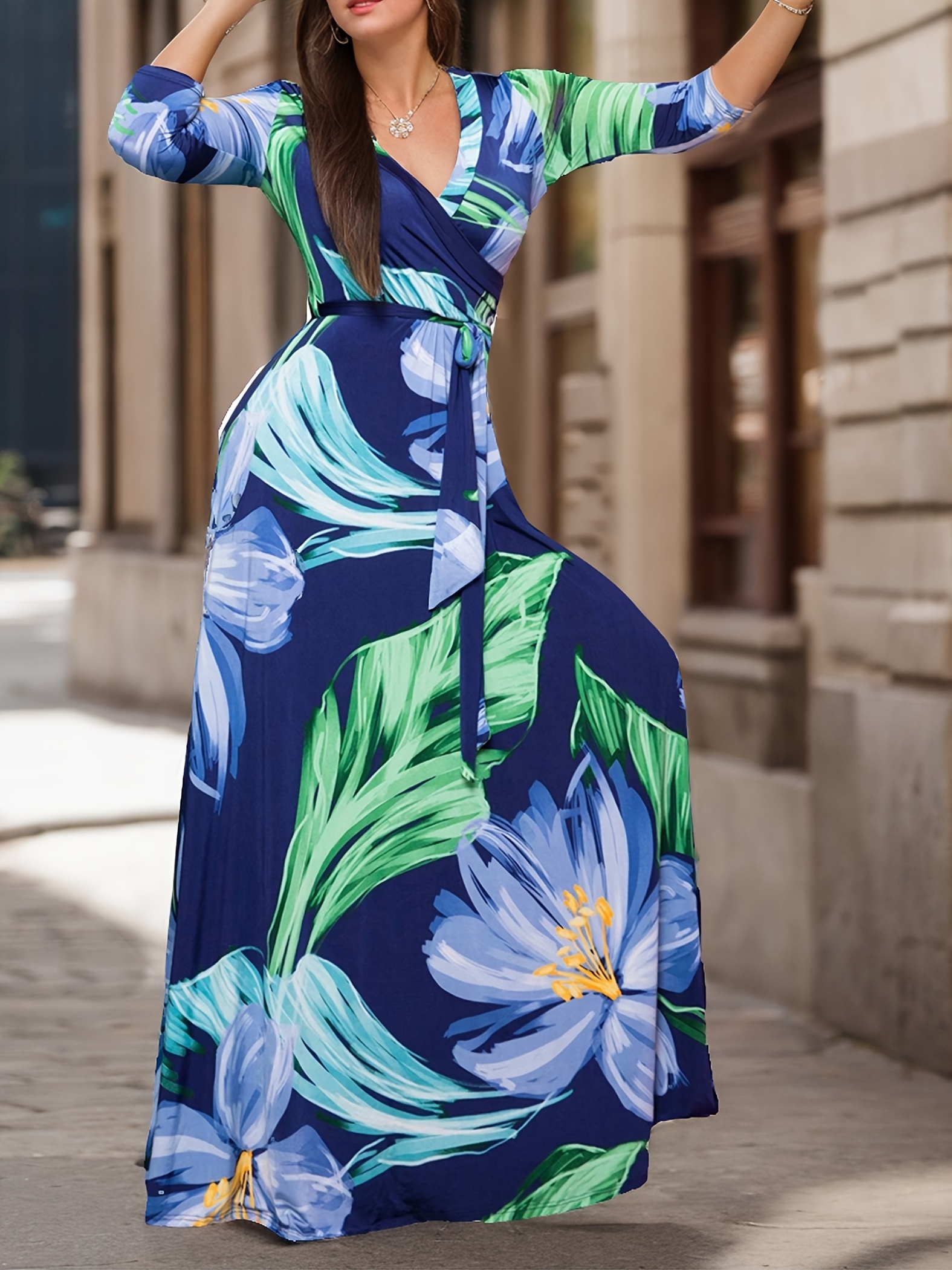 chinese dress ladies Navy and Mint Floral Maxi Dress with 3/4 Sleeves