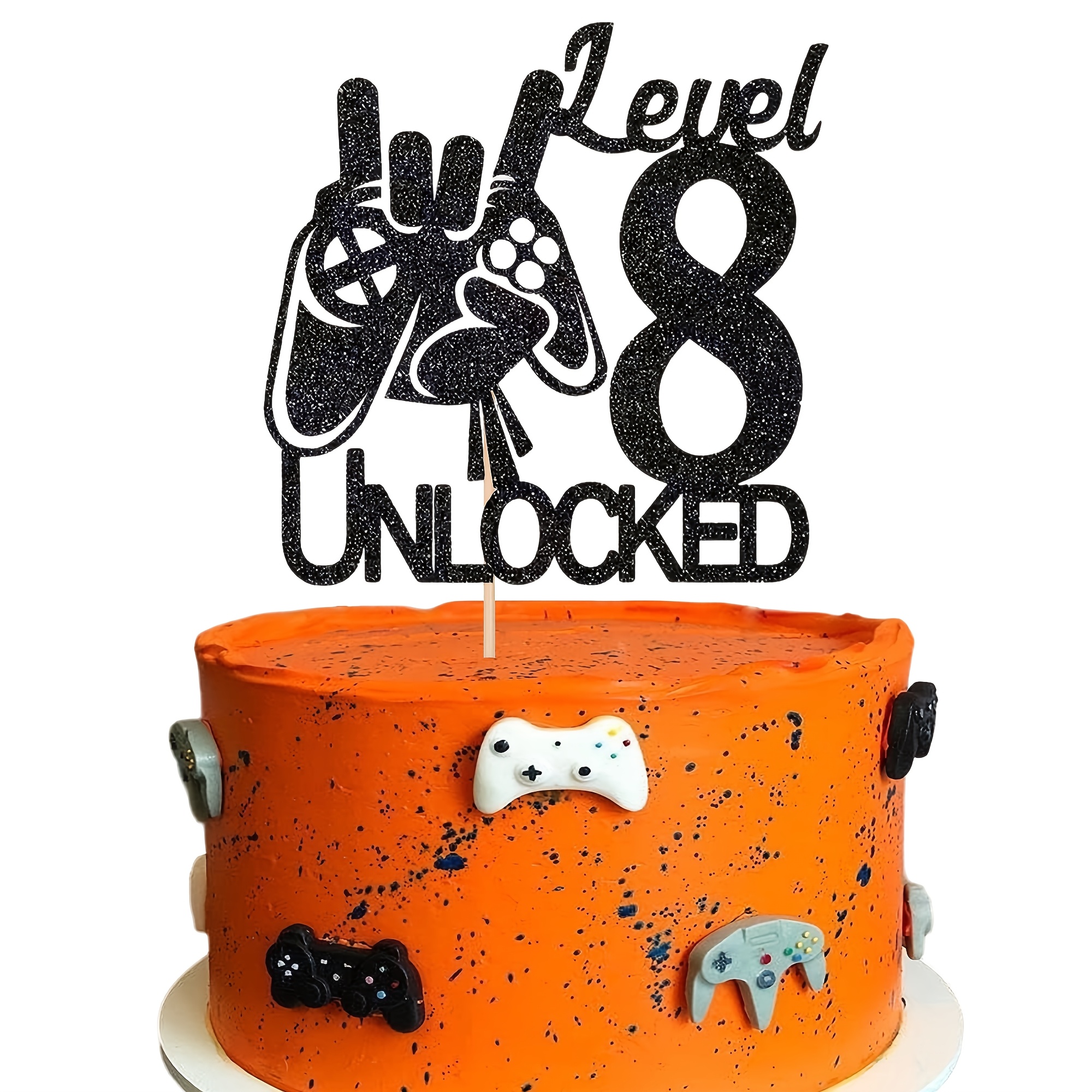 1pc Black Glitter Video 8 Unlocked Cake Topper, Gamer Theme Boys 8th Birthday Cake Decorations, Level Up Winner Party Supplies For Gaming Birthday