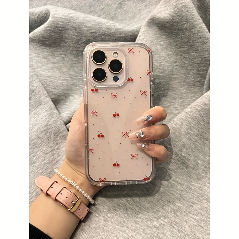TEMU Phone Case - Red Polka Dot Cherry Bow Transparent Large Hole Anti-fall Phone Case, Suitable For Iphone 16 Pro Max 15 14 Plus 13 12 11 Covers,