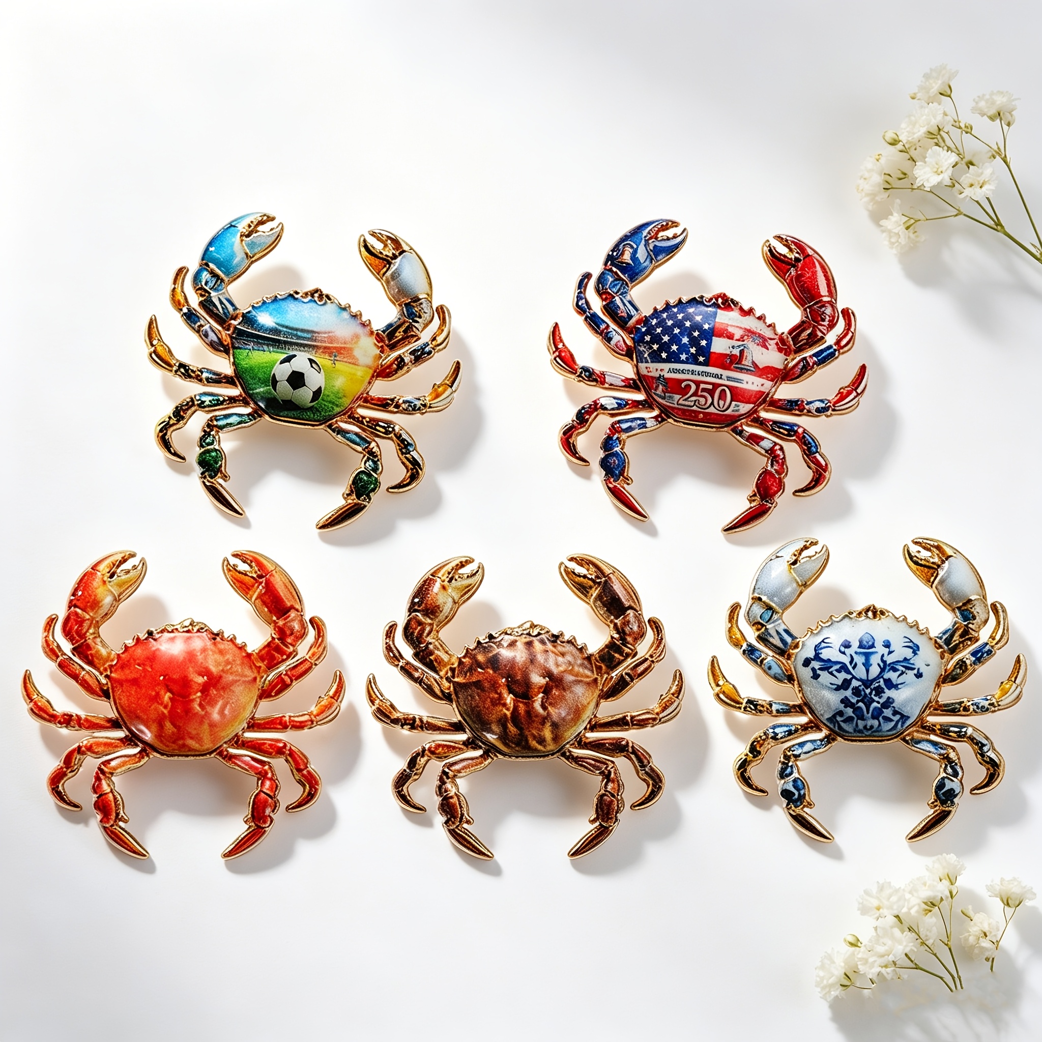 Exquisite Crab Enamel Brooch, Patriotic Football Pin