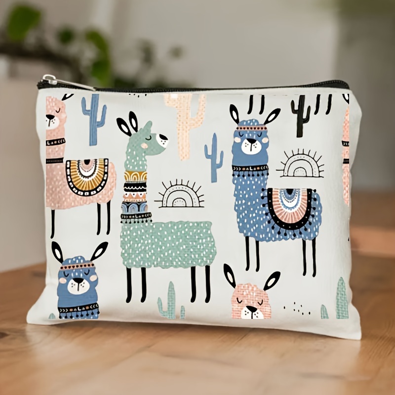 

Casual Alpaca Pattern Canvas Cosmetic Bag - Lightweight Zippered Pouch For Women, Chic Retro Makeup Organizer With Positioning Print, Ideal For Travel And Stationery Storage