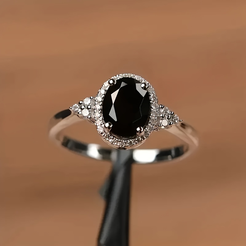 

925 Sterling Silver Classic Style Black Oval Cubic Zirconia Engagement Ring, Eternal Symbol Of Love Commitment Ring, Elegant Women And Men's Party Jewelry, Wedding And Birthday Gift