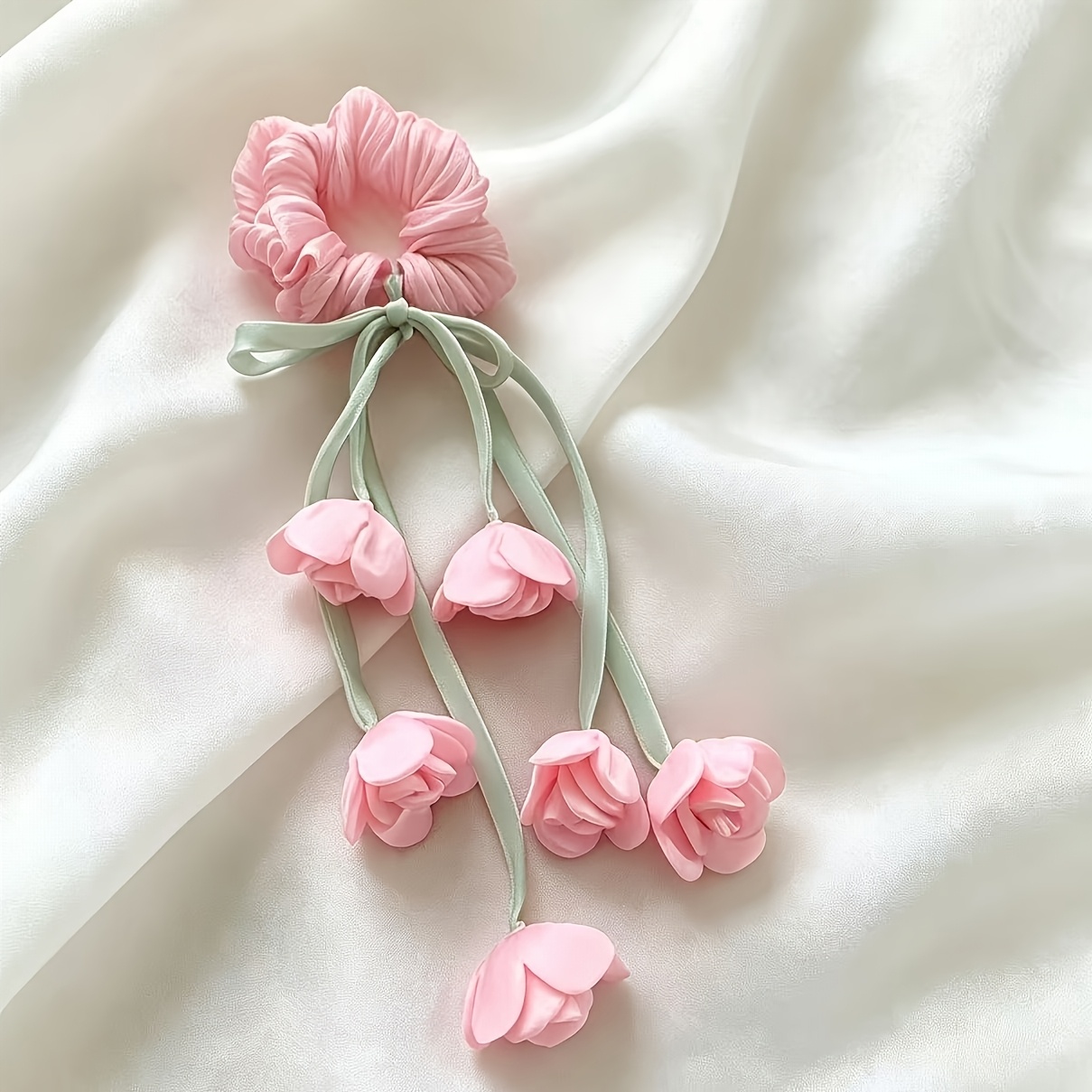 TEMU Lily Tulip Floral Large Hair Tie, Women's Fashion Long Tassel High Elastic Hair Ring, Ponytail Hair Tie, Women's Hair Accessory Suitable For