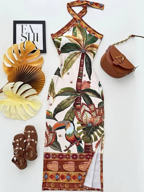 womens tropical print side slit dress latin special