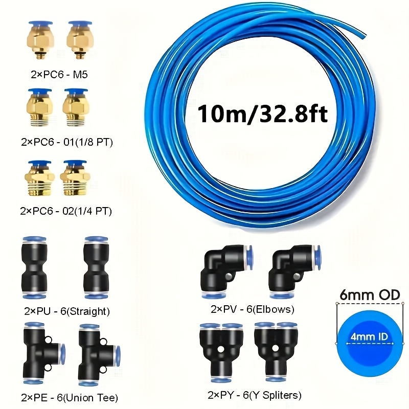 TEMU 1 Set Pneumatic Tubing Kit - 10m (32.8ft) Polyurethane Air Hose With Universal Adapters, Metal & Pvc Connectors, Foldable Design, Leak-proof, No