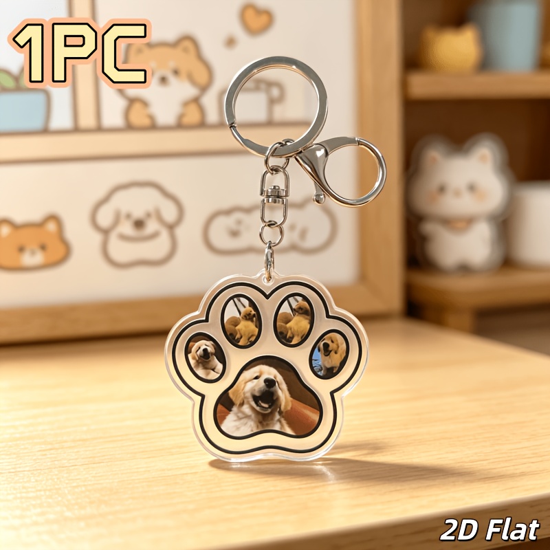 TEMU Plat 2D, 1pc Porte-clés personnalisé plat 2D en acrylique de patte de chien et adorable, Pendentif photo de compagnie, Personnalisable avec 5