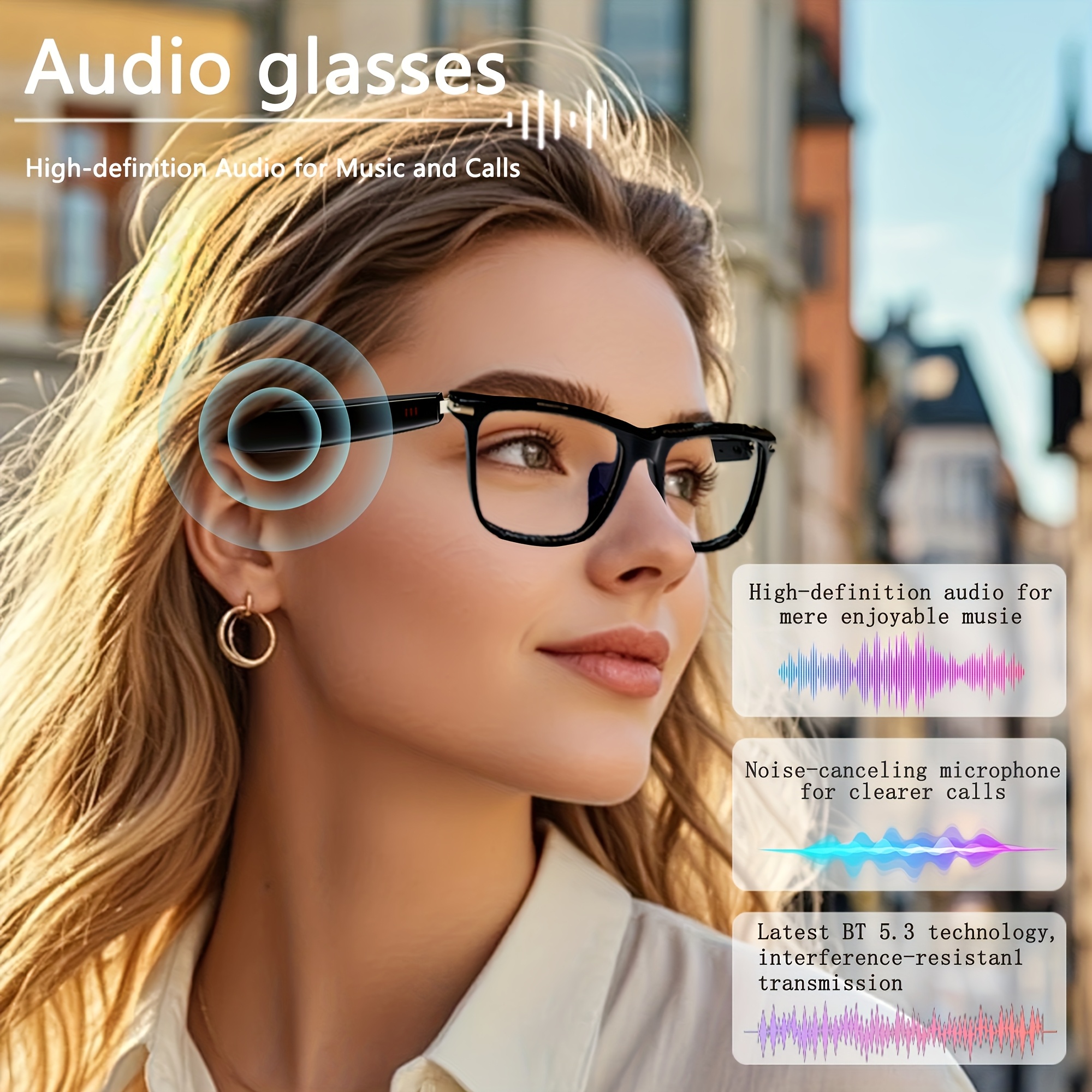 Ochelari inteligenți AI, Ochelari inteligenți cu suport pentru traducere în timp real în peste 100 de limbi, Sistem Chat GPT, PEJE Ochelari audio multifuncționali noi pentru bărbați și femei, cu microfon și difuzor încorporate, Apeluri vocale HD și calitate muzicală HIFI, Redare muzică și apeluri