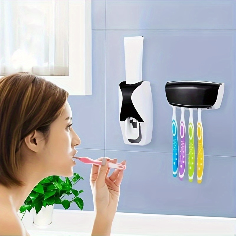 

1set Automatic Toothpaste Dispenser And Toothbrush Holder Set, Wall Mounted Toothbrush Rack, Plastic Bathroom Storage Rack With Toothpaste Squeezer, Bathroom Accessories