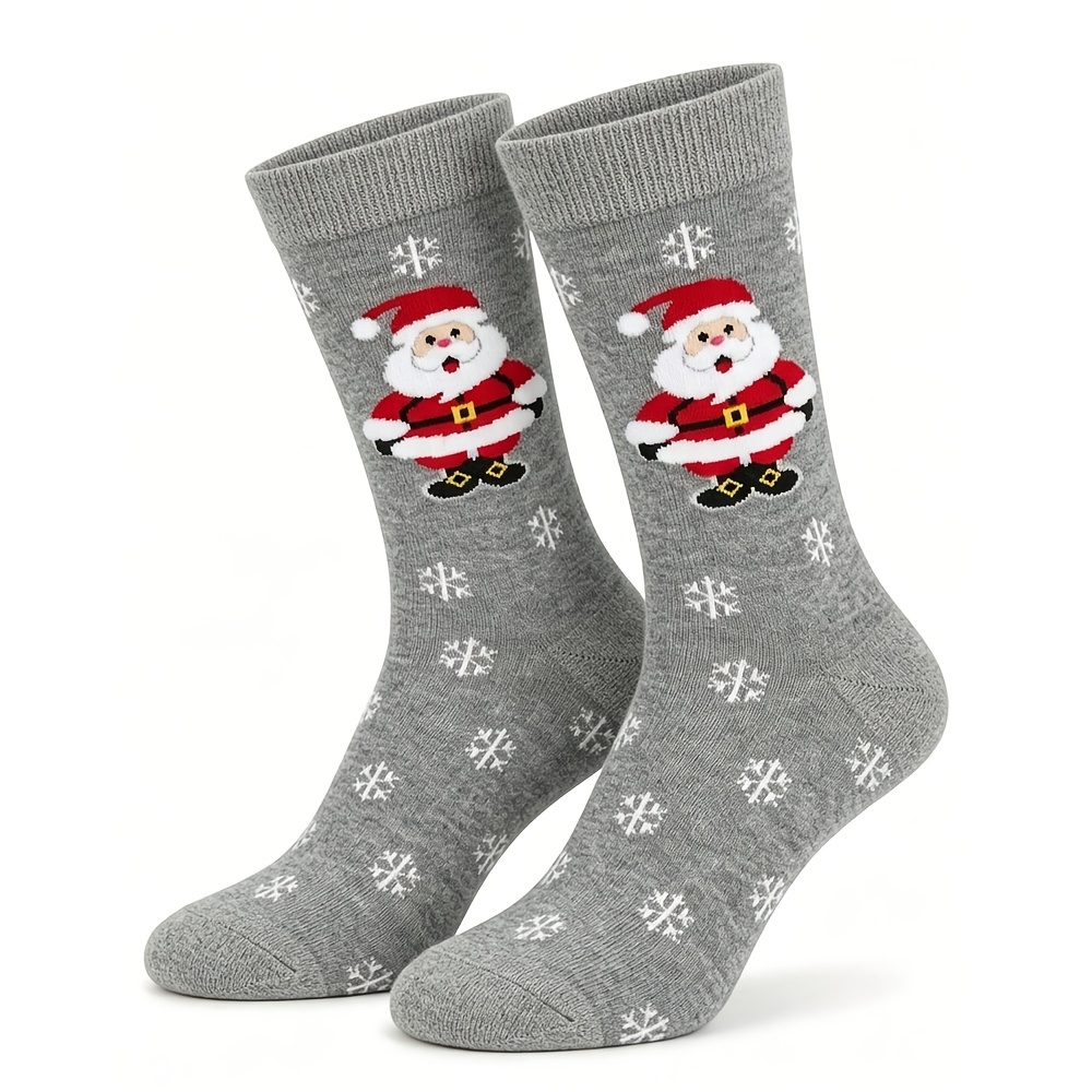 TEMU 1 Paar Unisex Weihnachtssocken (Weihnachtsmann, Schneeflocken) Muster, Wadenlange Socken, Graue Hauptfarbe, Bequeme Winter Warme Socken, Unisex,