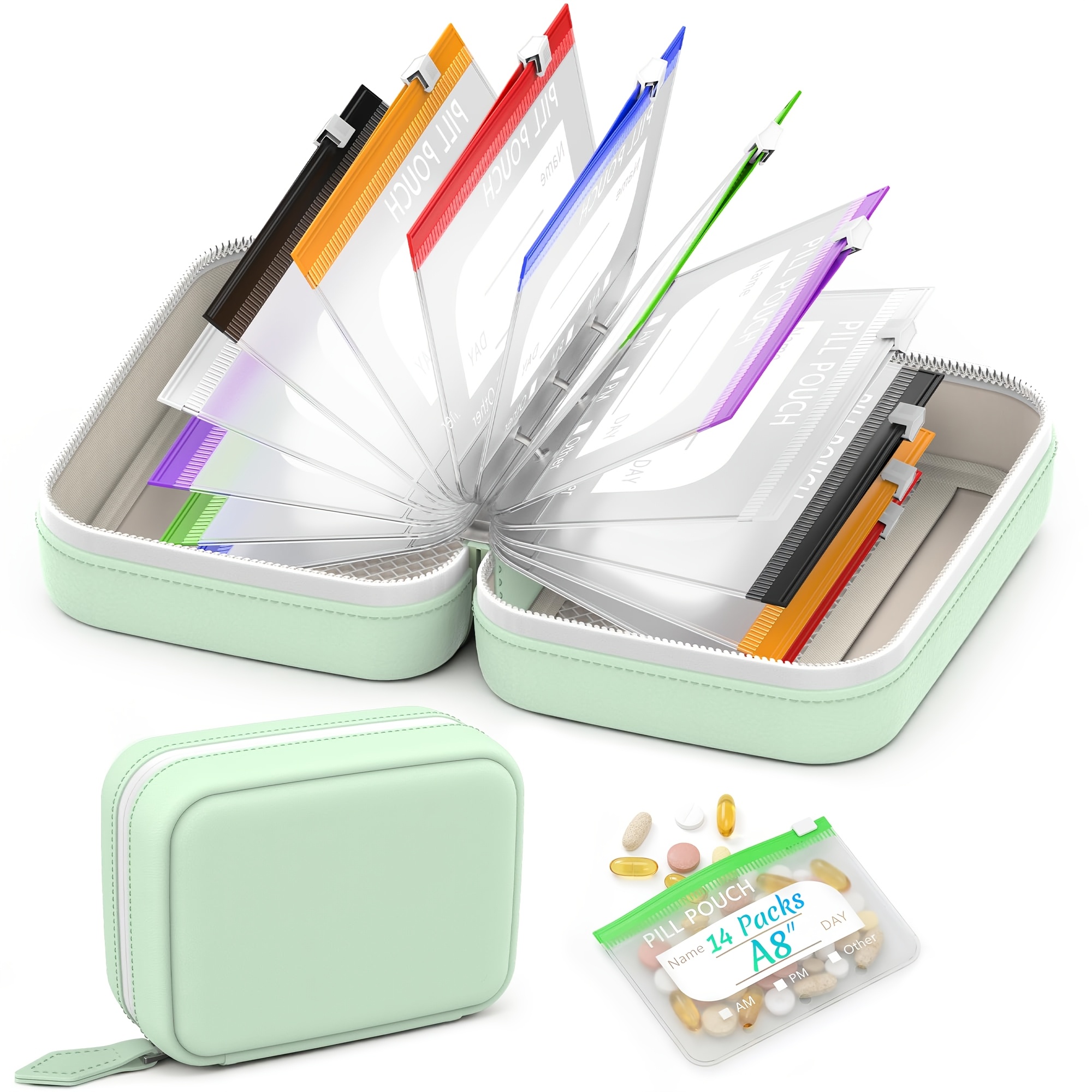TEMU Customizable Personalized Text 1pc A8 Waterproof Pill Bag Set, Large Weekly Pill Organizer, Includes 14 Color-coded Pill Bags, Reusable Travel