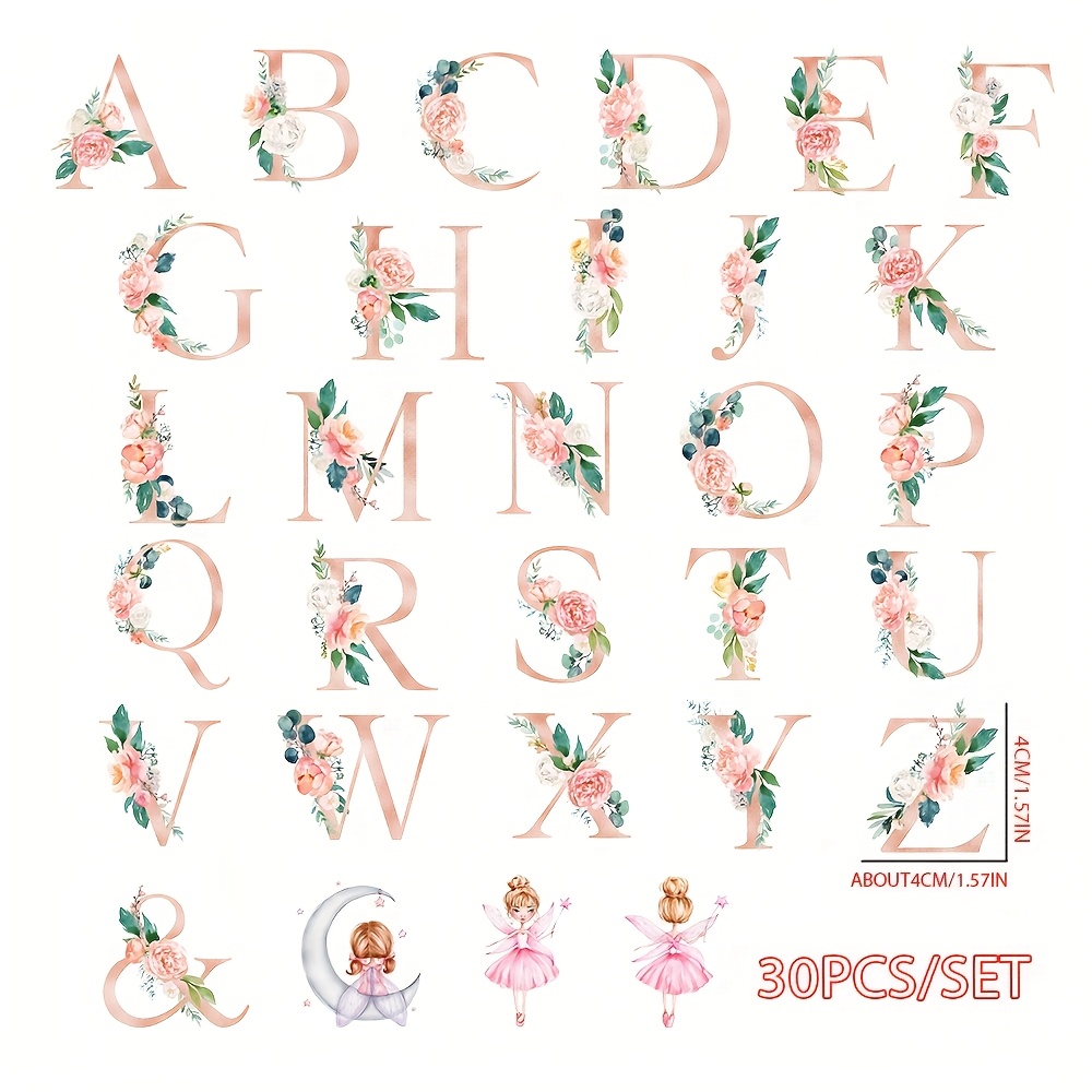 Image of Bundle Set A-z Floral And Items Alphabet Iron-on Transfers, Letter Decorated With Pink Flowers And 4 Items Fashion T-shirt Printing Heat Transfer Sublimation, Clothes Baseball T-shirt Stickers
