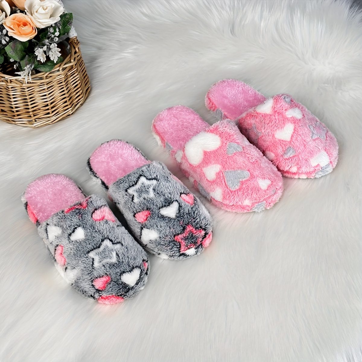 

Pantoufles à motif d'étoiles et de cœurs, chaussures décontractées doublées en peluche, pantoufles d'intérieur confortables