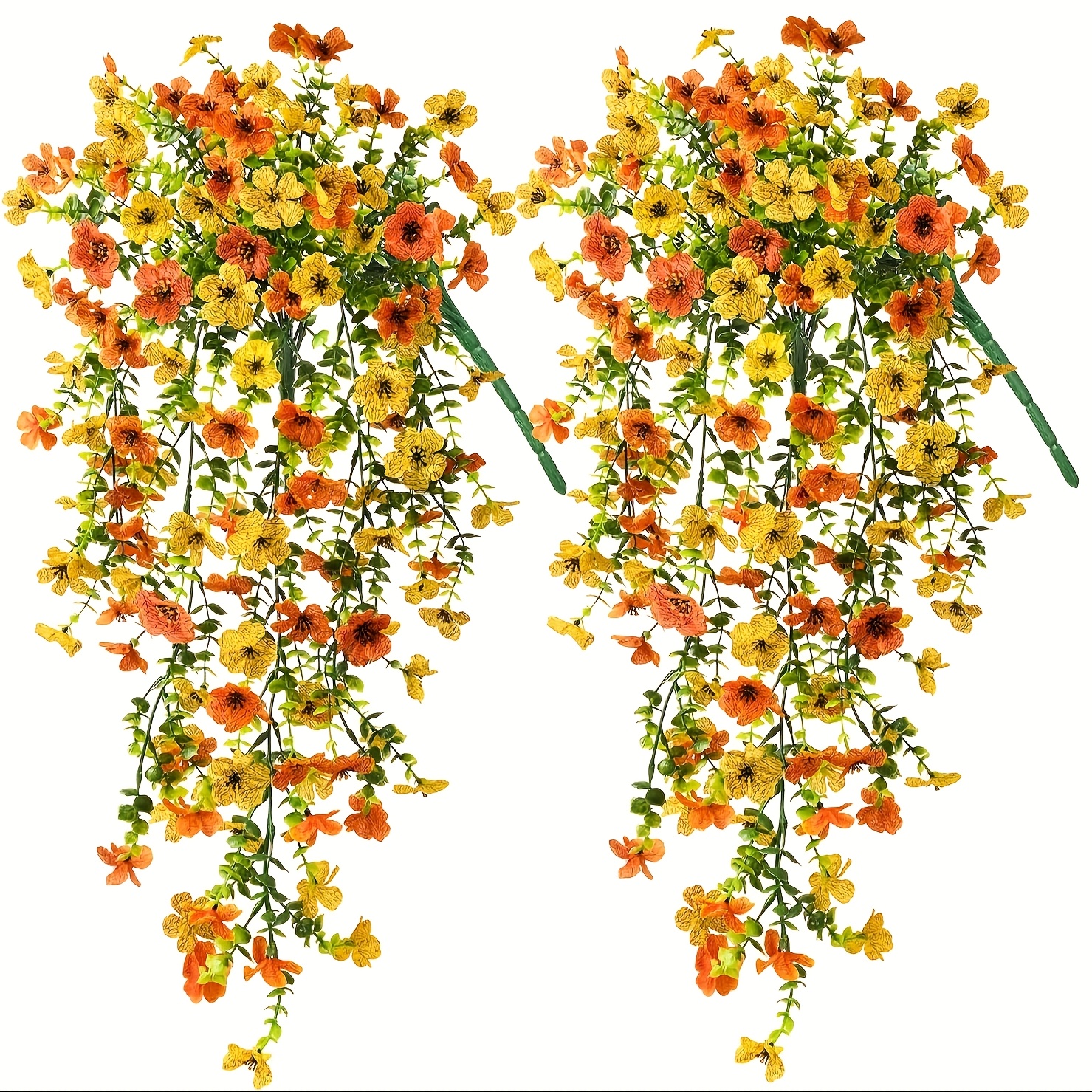 Image of 2pcs Artificial Hanging Flowers, Faux Silkyy Daisy, Uv Resistant, 14.2" Length, Yellow And Orange, For Home, Kitchen, Indoor/outdoor Decor, No Power Needed, No Container Included
