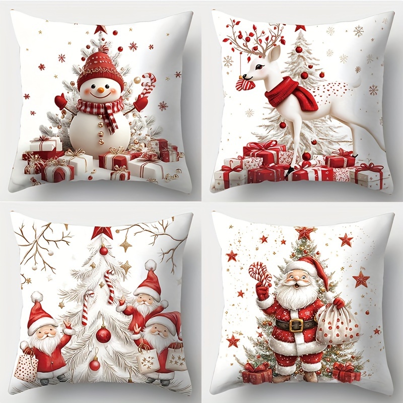 TEMU 4pcs, Christmas, New Art Minimalist Christmas Tree, Snowman, Santa Claus, , Dwarf, Gift Patterned Pillowcase, Waist, 17.72 X 17.72 Inches, Room