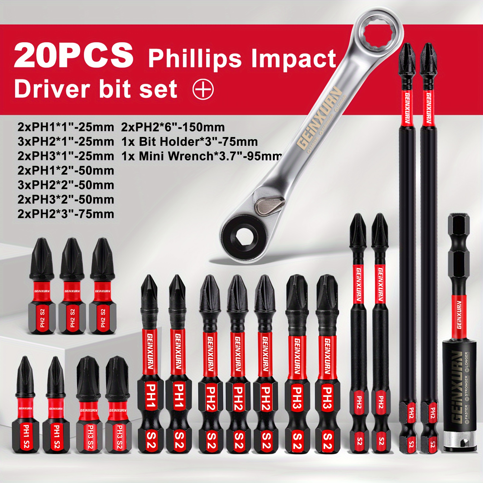 

Ensemble de 20 vis Phillips (2xPH1*25mm, 3xPH2*25mm, 2xPH3*25mm, 2xPH1*50mm, 3xPH2*50mm, 2xPH3*50mm, 2xPH2*75mm, 2xPH2*150mm, ), comprenant des tiges de connexion et des clés de petite taille