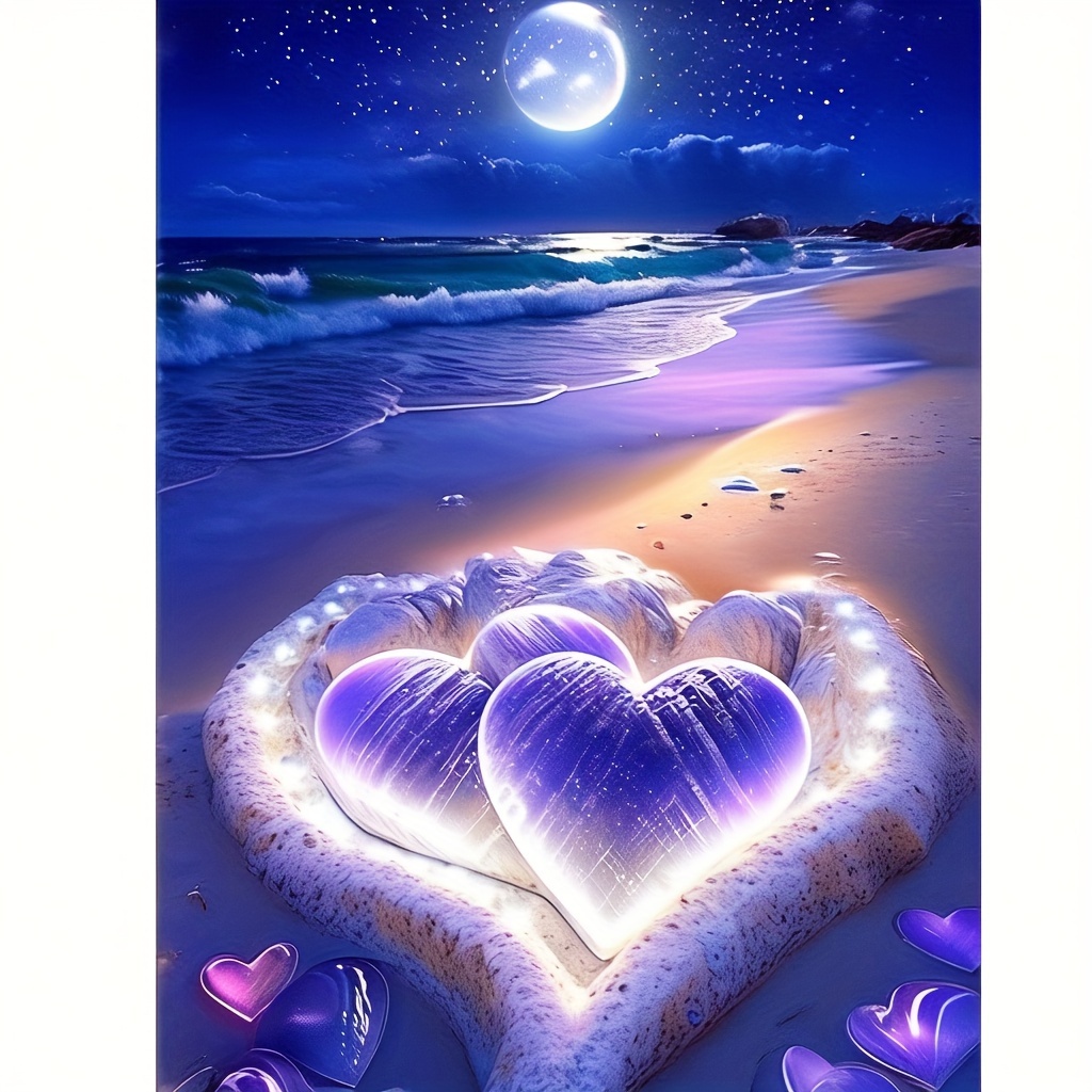 Image of 5d Diy Diamond Painting Kit - Beach Landscape Love Heart Night Scene - Round Acrylic Diamonds Art For Beginners, Home Wall Decor & Gift (1 Set)