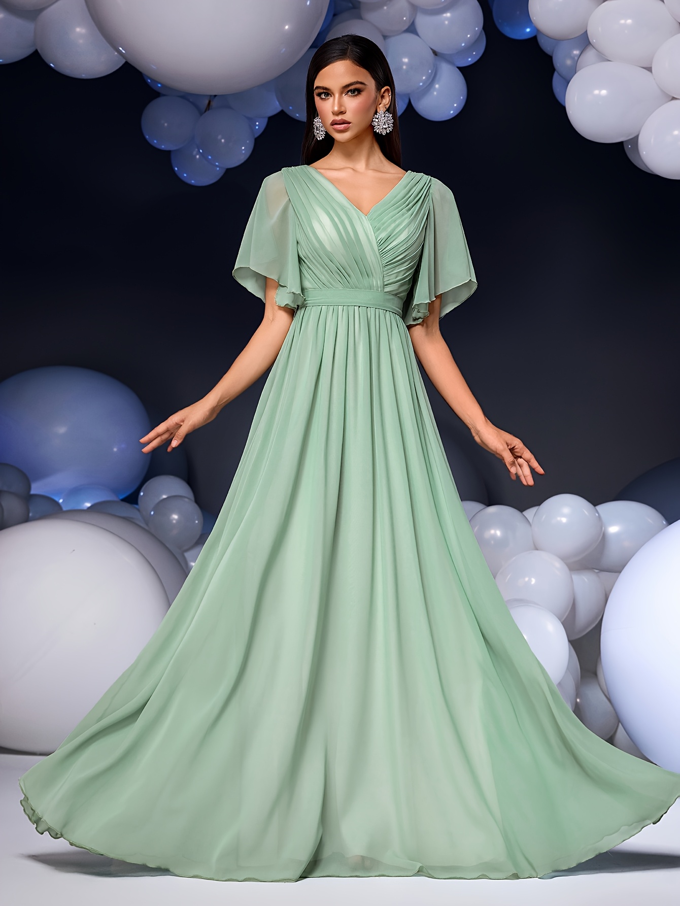 green womens chiffon ruffle sleeve long dress - Temu Germany
