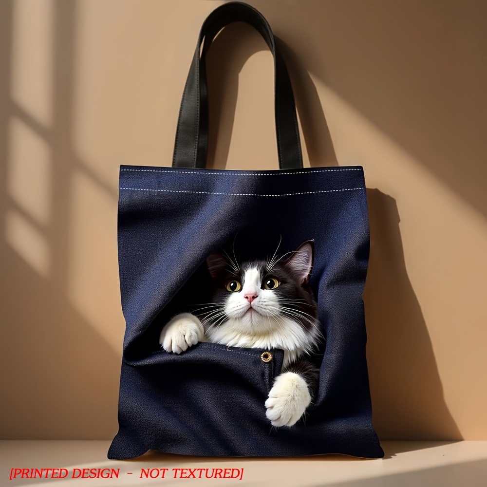 TEMU [printed Design – Not Textured] A Single-sided And Double-sided Printed Tote Bag, 1pc Tote Bag Featuring A Peeking Black And White Cat Design, A