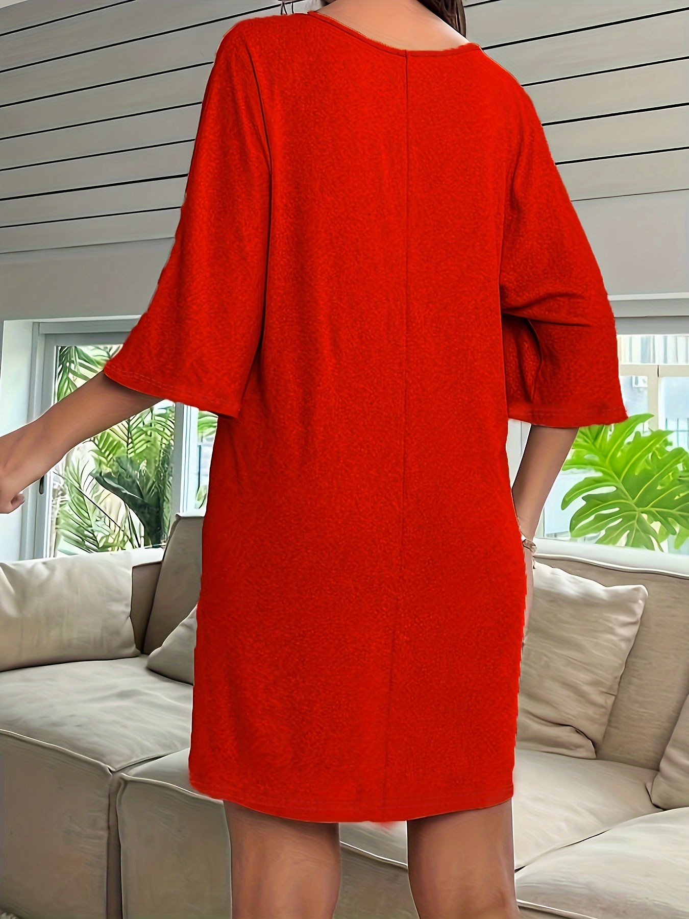 Women's Plus Basic Lounge Dress, Plus Size Solid Half Sleeve V Neck Loose Fit Sleep Dress