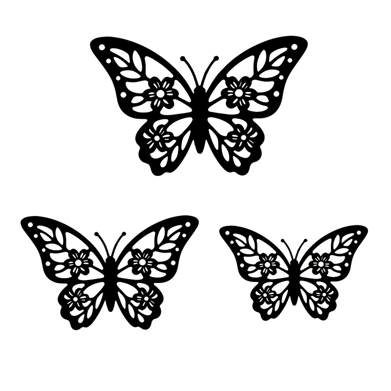 E-shop 3-teiliges Eisenschmetterlingset für die Außendekoration, Metallschmetterling mit exquisiten Flügeln und floralem Musterdesign, geeignet für