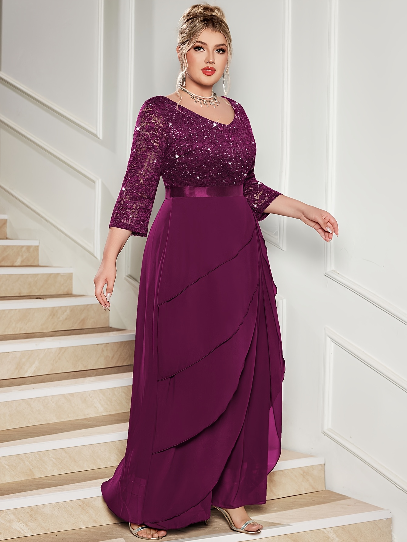 long sleeve lace bridesmaid dress V-Neck Long Sleeves Lace Plus Size Bridesmaid Dresses, Sage main image 0