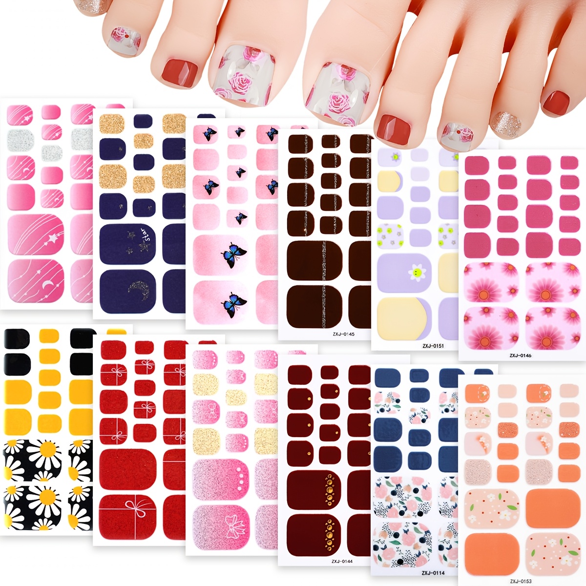 TEMU 12sheets Spring And Summer Glitter Nail Polish Strips Toe Stickers Large Set, Self-adhesive Nail Full Wraps, , Nail Supplies For Women's Nail Art Set