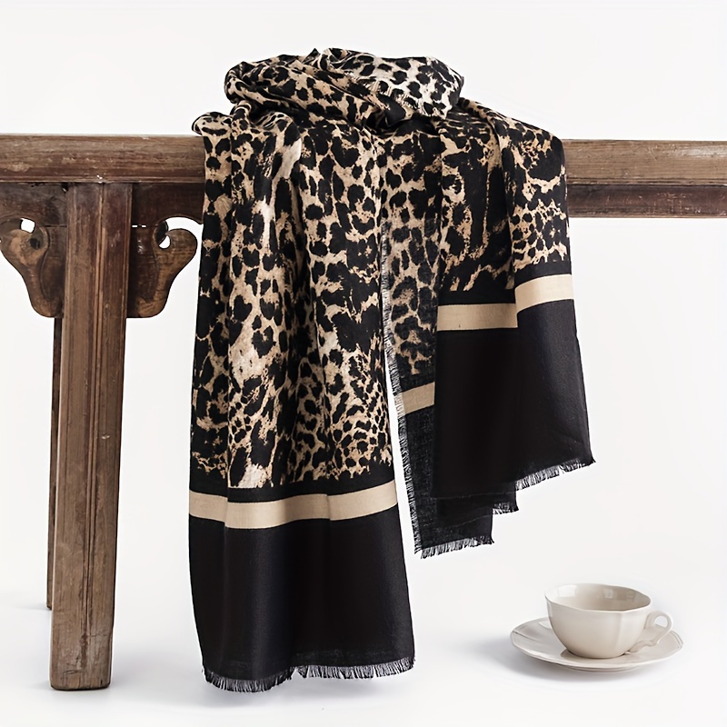 European And American Fashion Leopard Print Faux Cashmere Scarf, Winter Printed Warm Shawl, High-End Commuting Neck Protection, Cold-Resistant Neck Gaiter