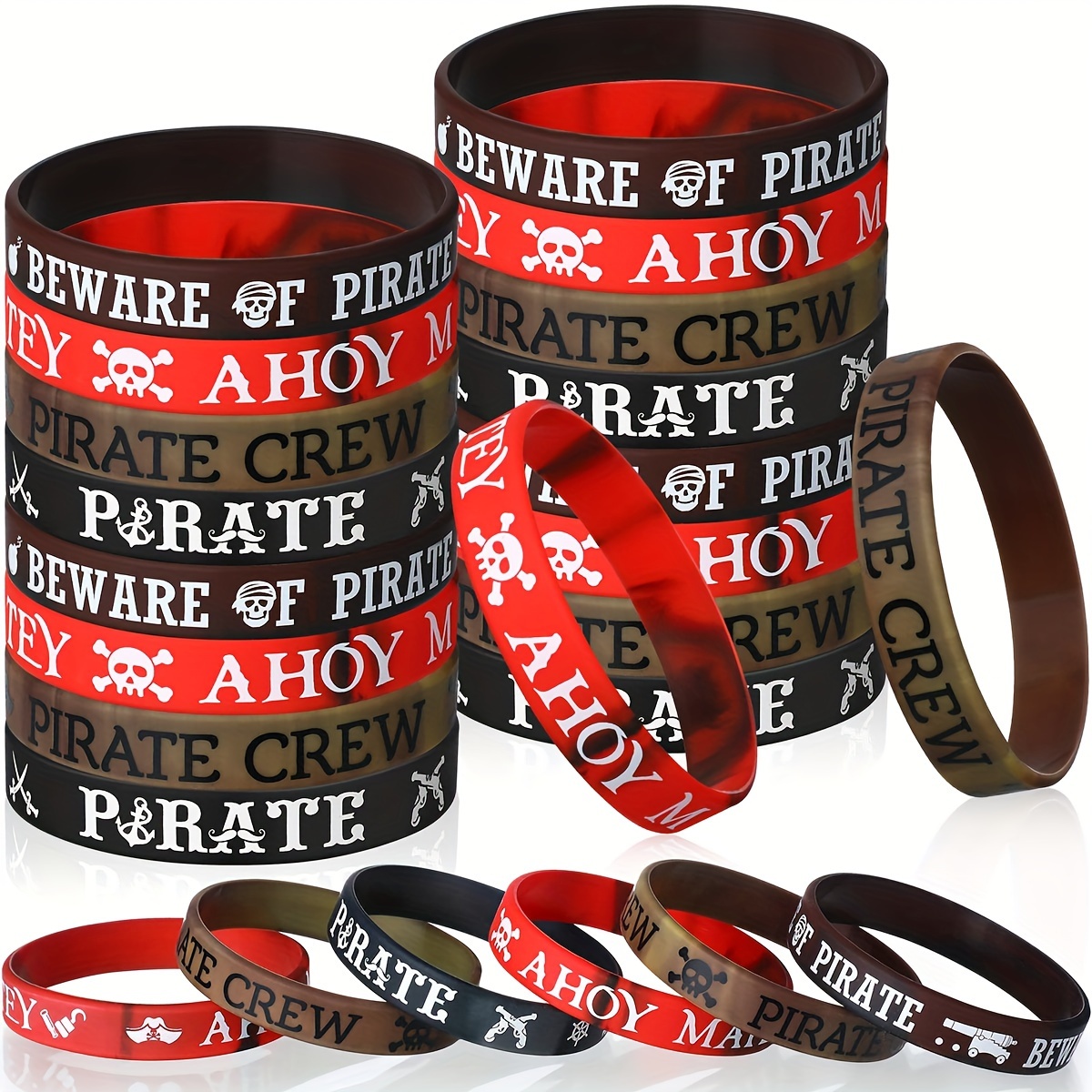 

16/24pcs Pirate Silicone Bracelets - Universal Fit, No Electricity Needed, Featherless, , Design, Caribbean Wristbands For Pirate Ship Party Favors And Birthday Decorations