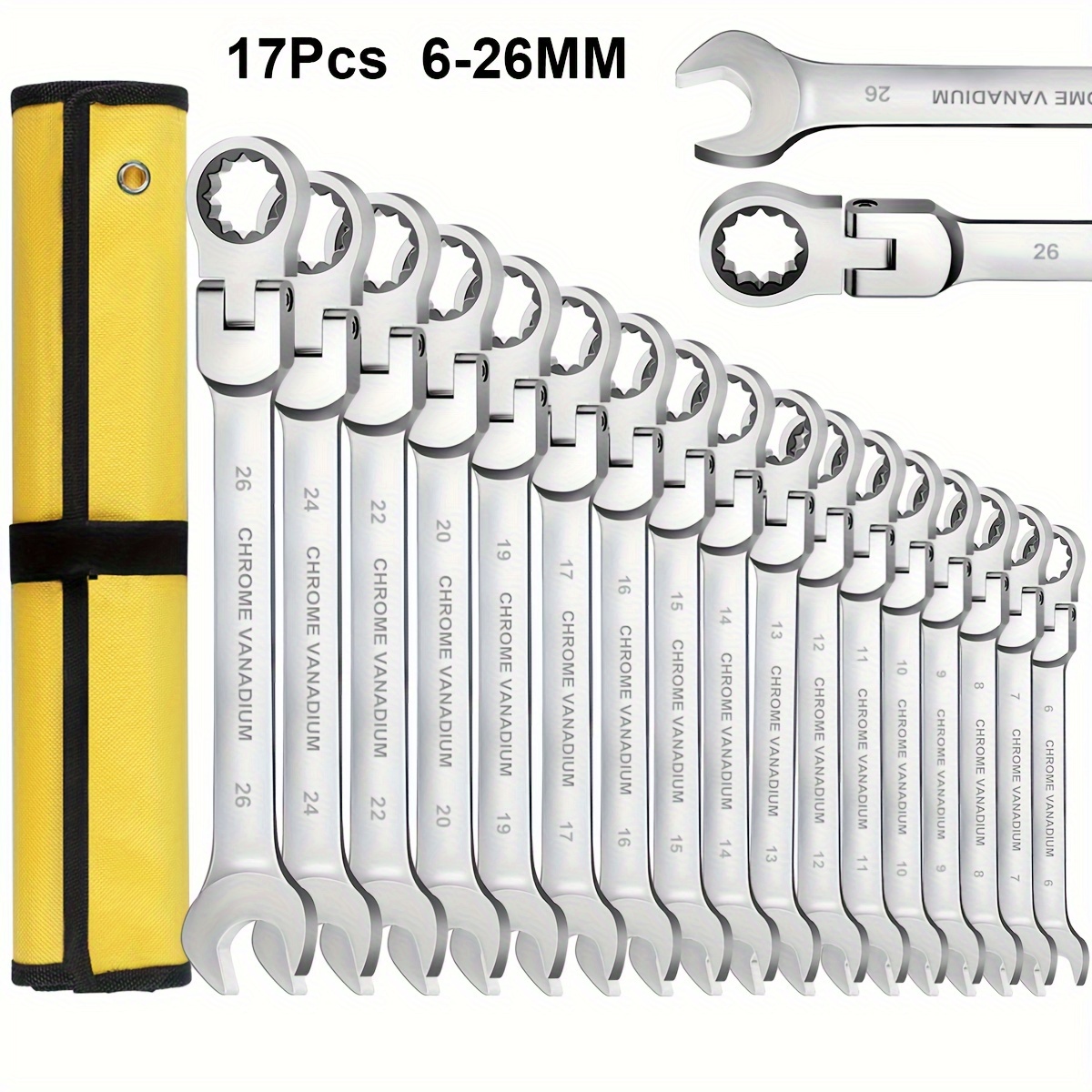 

17pcs, Flex-head Ratchet Wrench Set, 6-26mm, 72 Teeth, Cr-v Constructed Combination Ended Span Kit With With Rolling Pouch