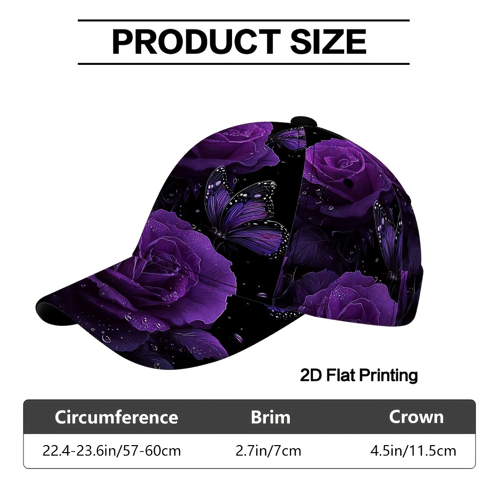 TEMU 1pc, Purple Roses Butterflies Print Classic Baseball – Adjustable Duckbill Hat, Lightweight Polyester, Ideal For Casual Use And Weekend
