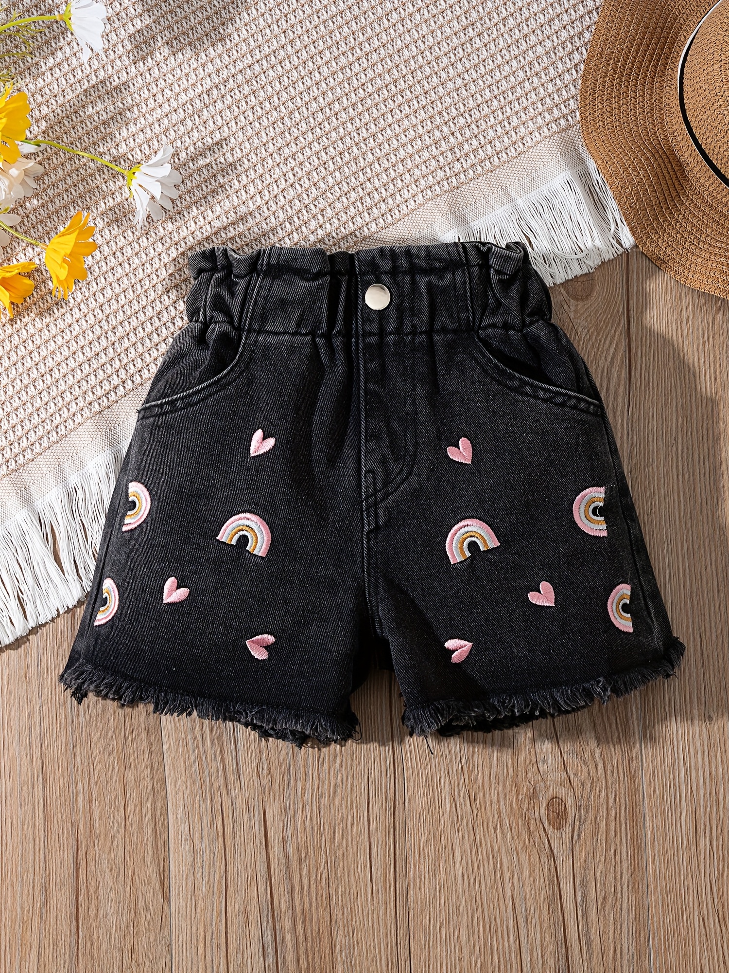 girls black denim shorts young girls   and  ow embroidery summer denim shorts f yed hem shorts daily casual versatile shorts summer beach shorts cute girls shorts   shorts back to   shorts