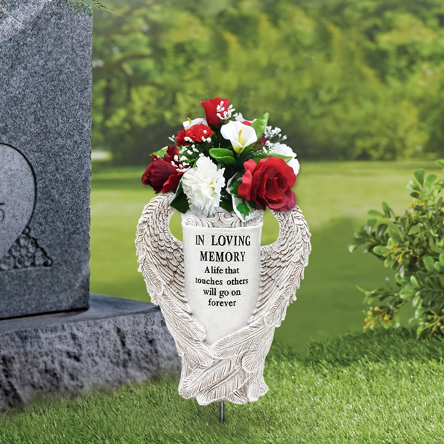 

Wings Memorial Vase With Ground Stake - Decorative Waterproof Grave Flower Vase For Cemetery, Garden, Lawn, Patio - Outdoor Art Sculpture Statue - Ideal For Fresh/fake Flowers - 1 Pack