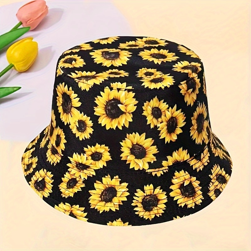 Image of Full Sunflower Print Double-faced Fisherman Hat, 1pc Fisherman Hat Outdoor Travel Essential Casual Outdoor Travel Beach Hat